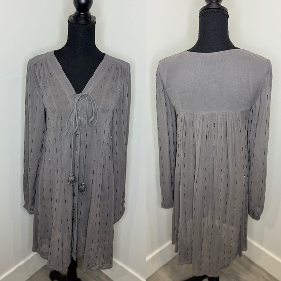 Chan Luu Gray Sheer Long Sleeve Beaded Front Button Closure Oversized Dress (M) - Picture 1 of 9